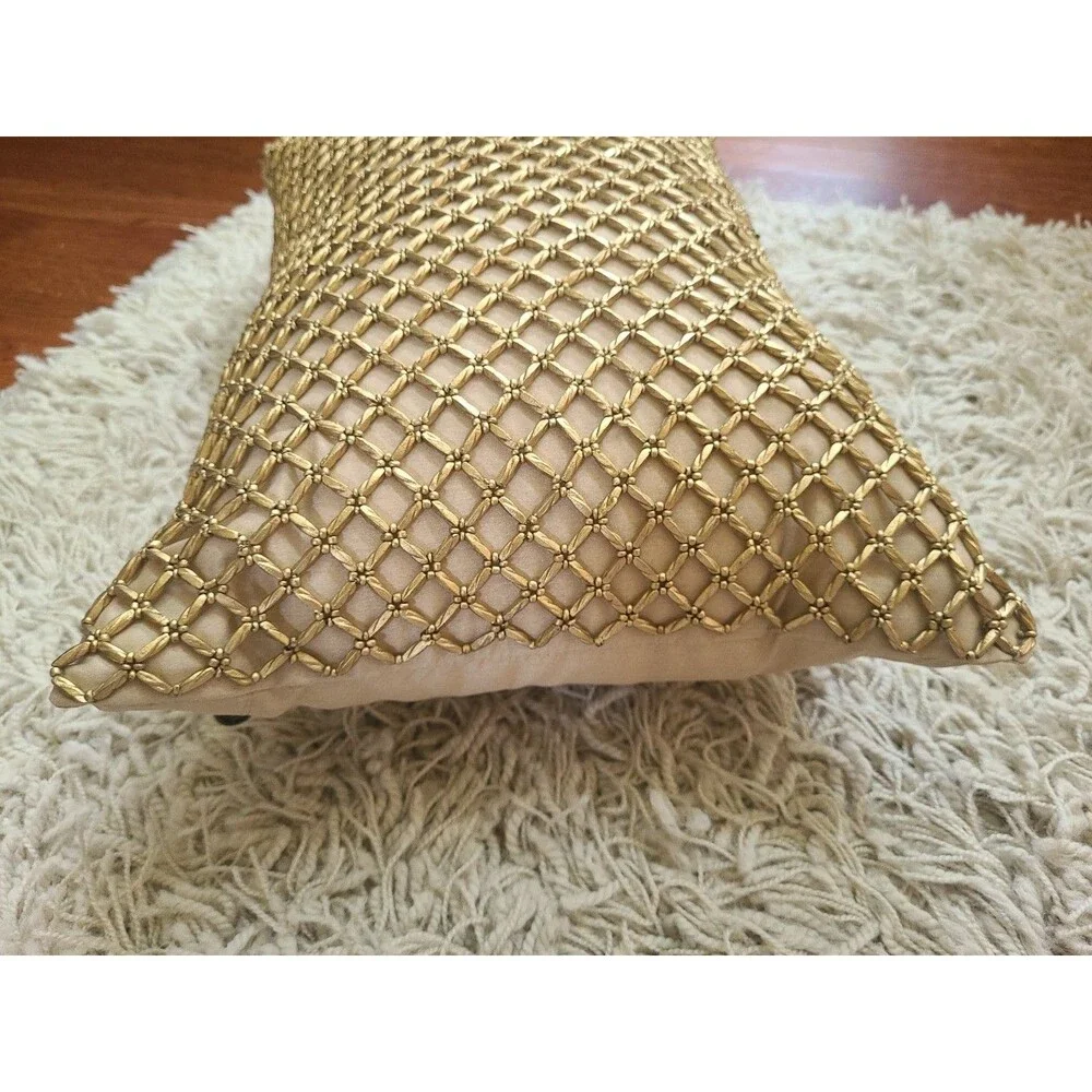 Pier 1 Gold Beaded Lattice Elegant Throw Decorative Pillow 18